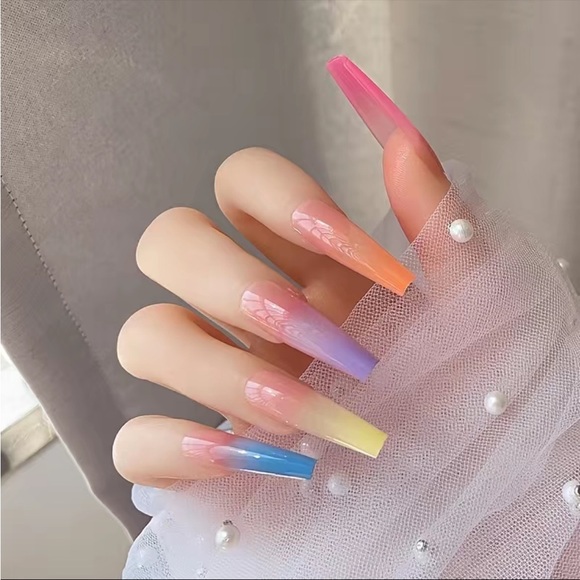 Acrylic Long Ballerina Tip Glossy Neon Rainbow Gradient Manicure Professional - Picture 6 of 6